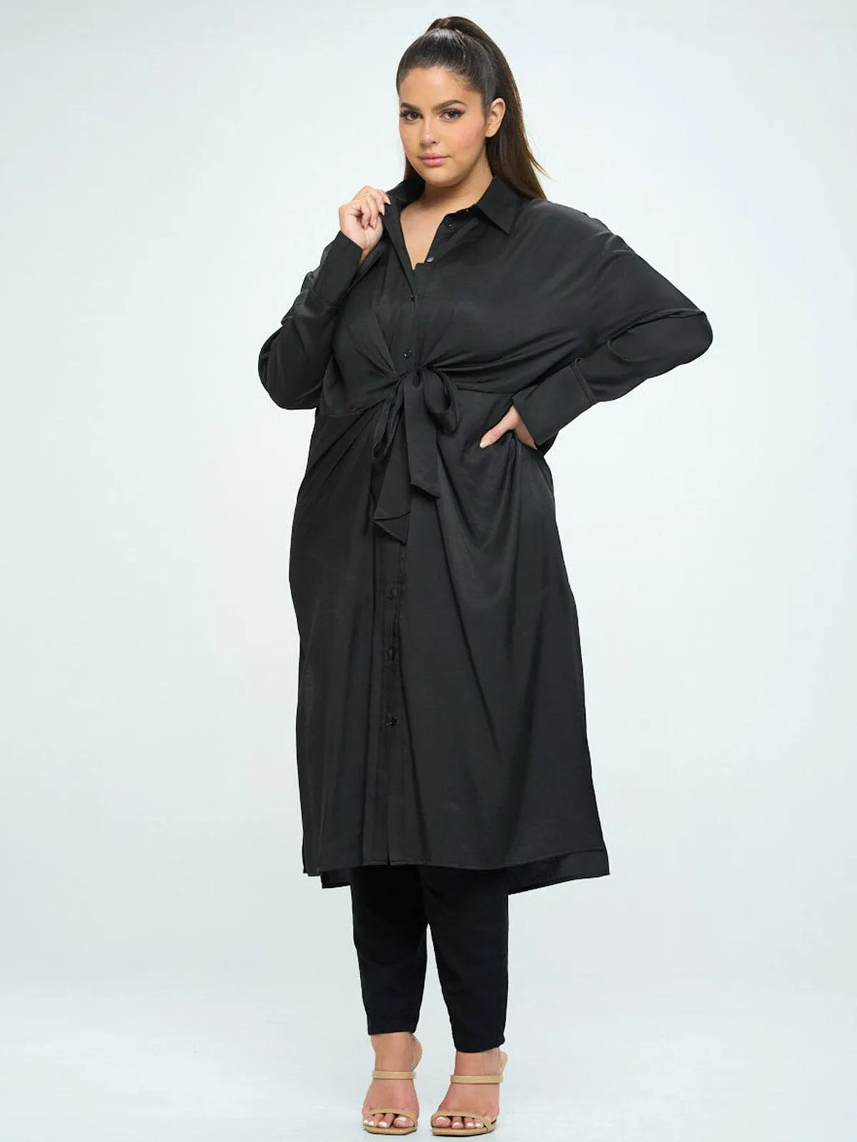 PLUS SIZE LONG SLEEVE BUTTON UP SELF TIE TUNIC BLOUSE TOP