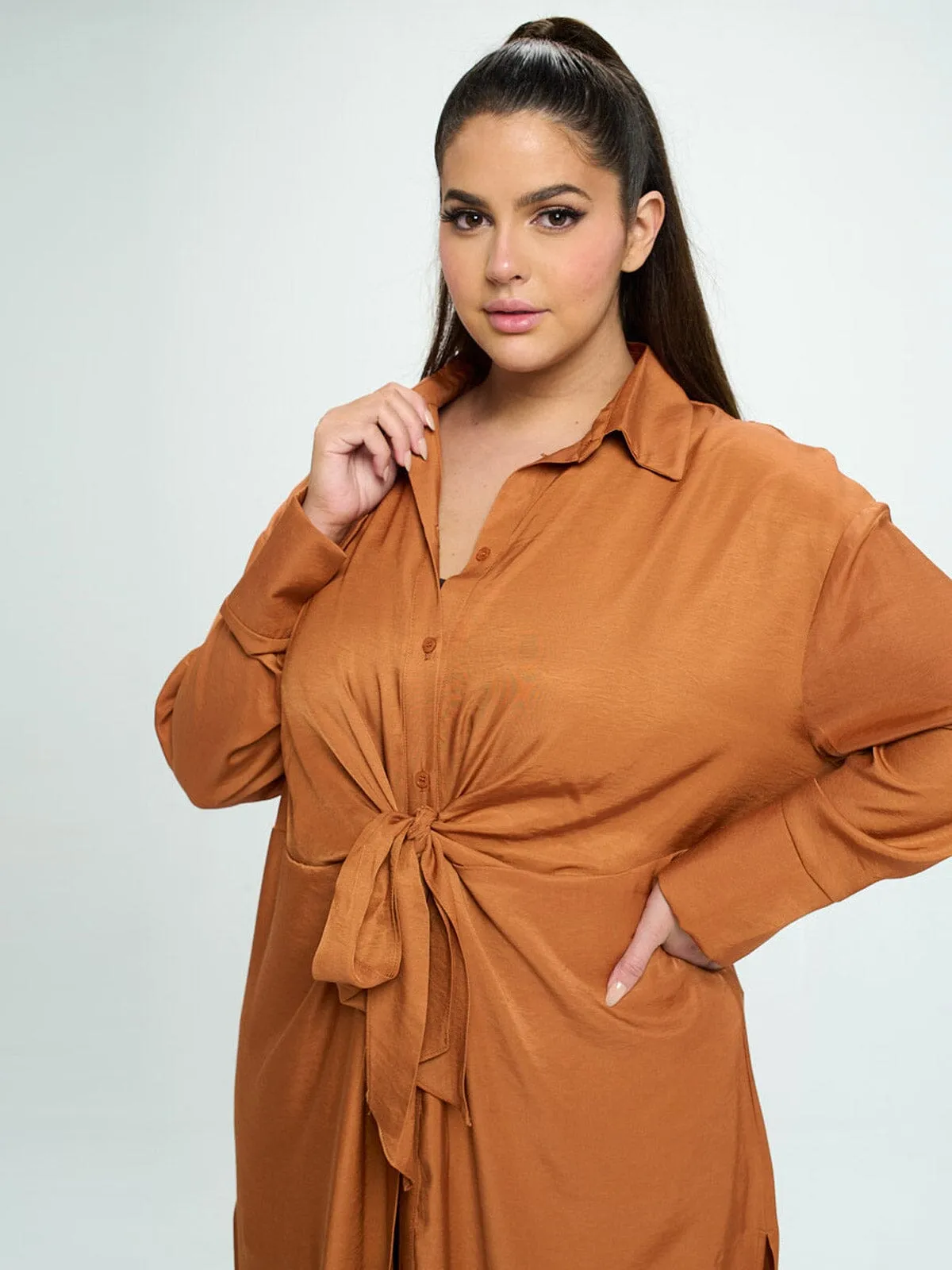 PLUS SIZE LONG SLEEVE BUTTON UP SELF TIE TUNIC BLOUSE TOP