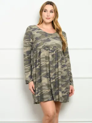 PLUS SIZE LONG SLEEVE CAMO PRINT WITH POCKETS MINI DRESS
