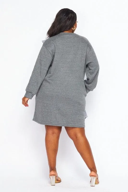 PLUS SIZE LONG SLEEVE RUFFLE DETAILED POCKETS TUNIC MINI DRESS