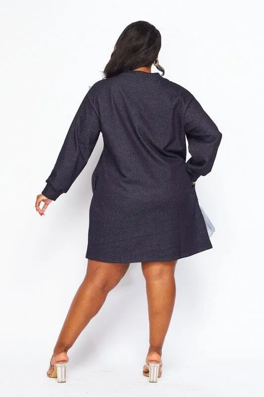 PLUS SIZE LONG SLEEVE RUFFLE DETAILED POCKETS TUNIC MINI DRESS