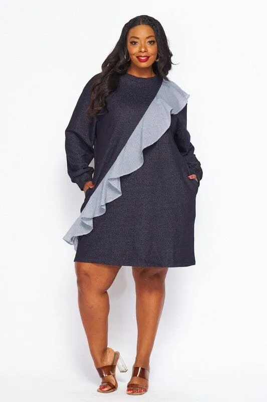 PLUS SIZE LONG SLEEVE RUFFLE DETAILED POCKETS TUNIC MINI DRESS