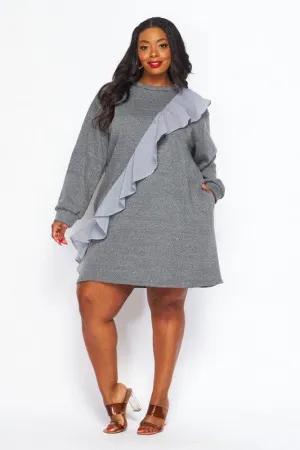 PLUS SIZE LONG SLEEVE RUFFLE DETAILED POCKETS TUNIC MINI DRESS