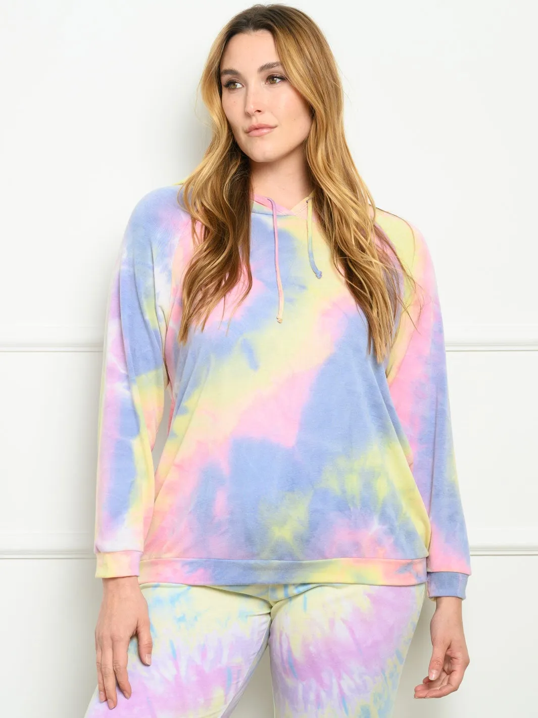 PLUS SIZE LONG SLEEVE TIE DYE PRINT HOODIE TOP