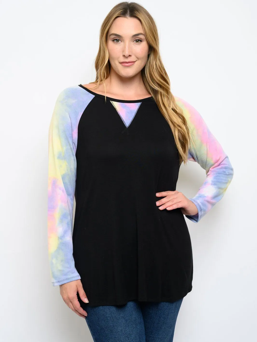 PLUS SIZE LONG SLEEVE TIE DYE TUNIC TOP