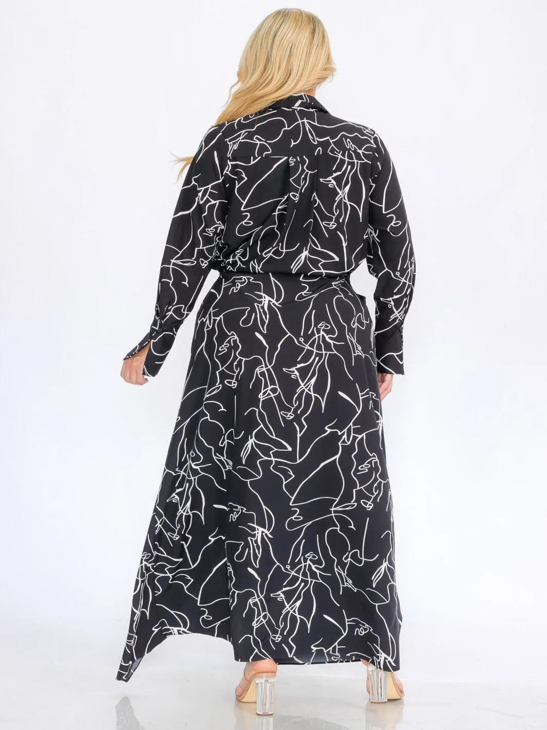 PLUS SIZE LONG SLEEVES BUTTON UP PRINTED WRAP MAXI DRESS