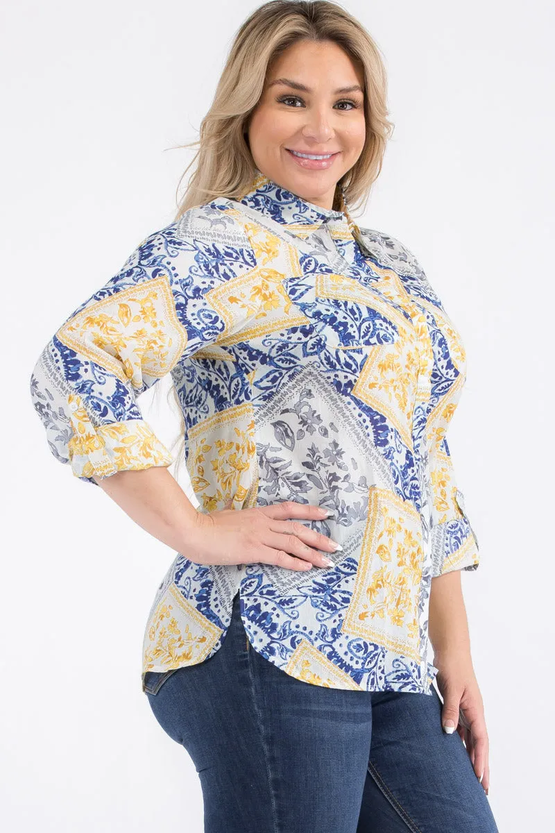 Plus Size Patchwork Floral Button-Down Shirt