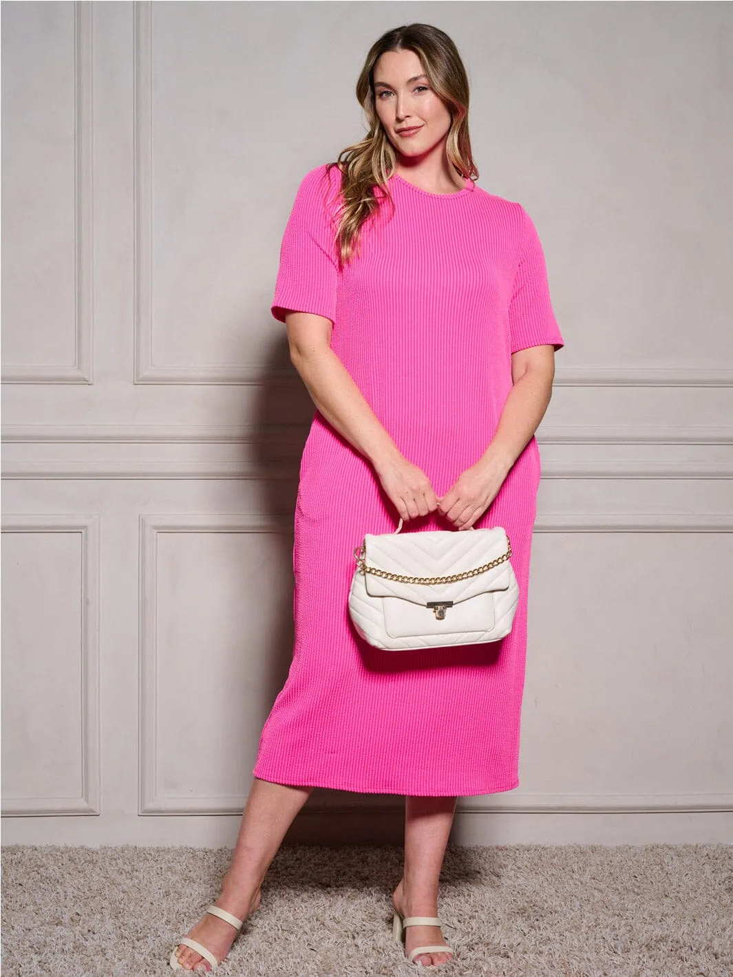 PLUS SIZE SHORT SLEEVE POCKETS RIBBED TUNIC MIDI DRESS