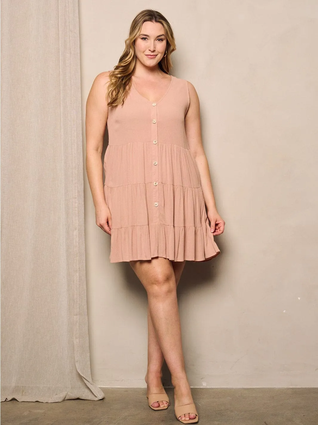 PLUS SIZE SLEEVELESS BUTTON UP TIERED TUNIC MINI DRESS