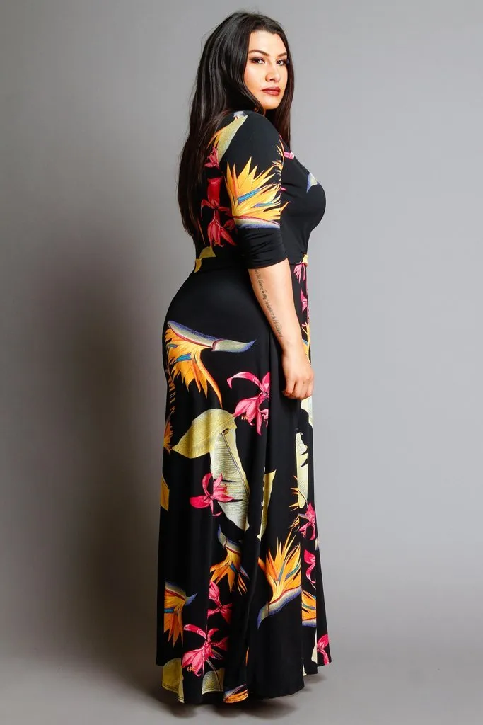 Plus Size Unique Printed 3/4 Sleeve Maxi Wrap Dress