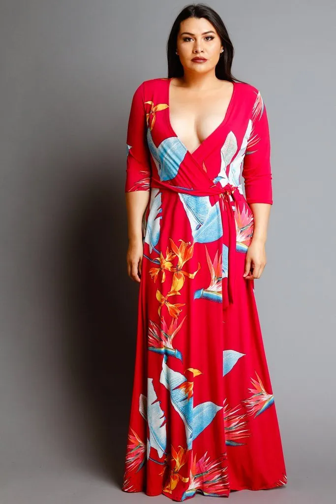 Plus Size Unique Printed 3/4 Sleeve Maxi Wrap Dress