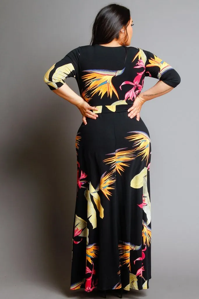 Plus Size Unique Printed 3/4 Sleeve Maxi Wrap Dress