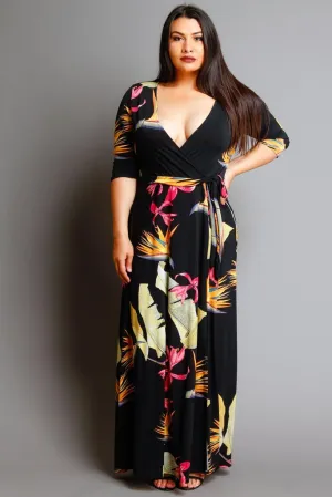 Plus Size Unique Printed 3/4 Sleeve Maxi Wrap Dress