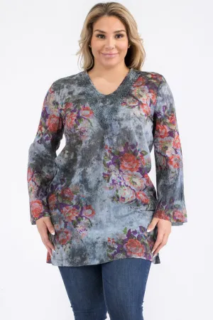 Plus Size Vintage Dark Blue Floral Tunic with Lace Appliqué