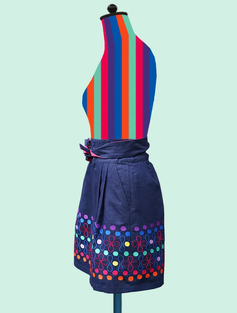 Polka-Dot-Border Knee-Length Denim Skirt