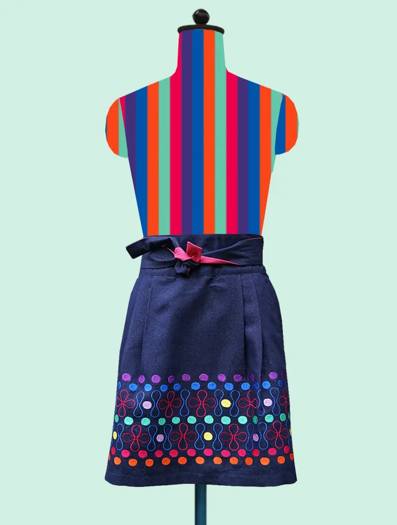 Polka-Dot-Border Knee-Length Denim Skirt