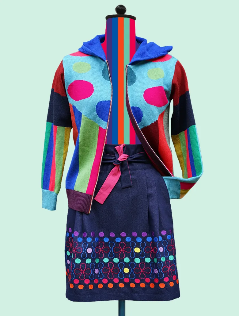 Polka-Dot-Border Knee-Length Denim Skirt