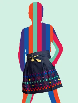 Polka-Dot-Border Knee-Length Denim Skirt