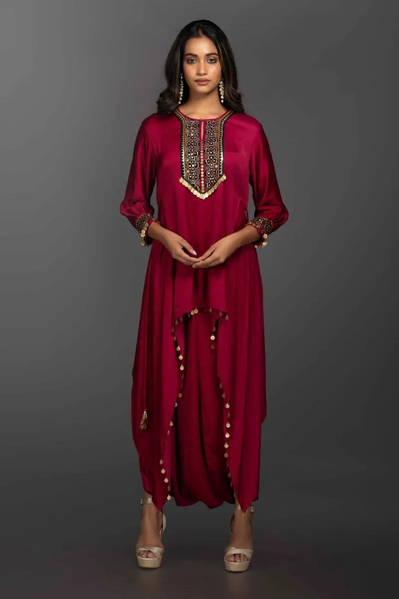 Prahnaaya royal majenta asymmetric tunic with dhoti skirt