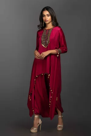 Prahnaaya royal majenta asymmetric tunic with dhoti skirt