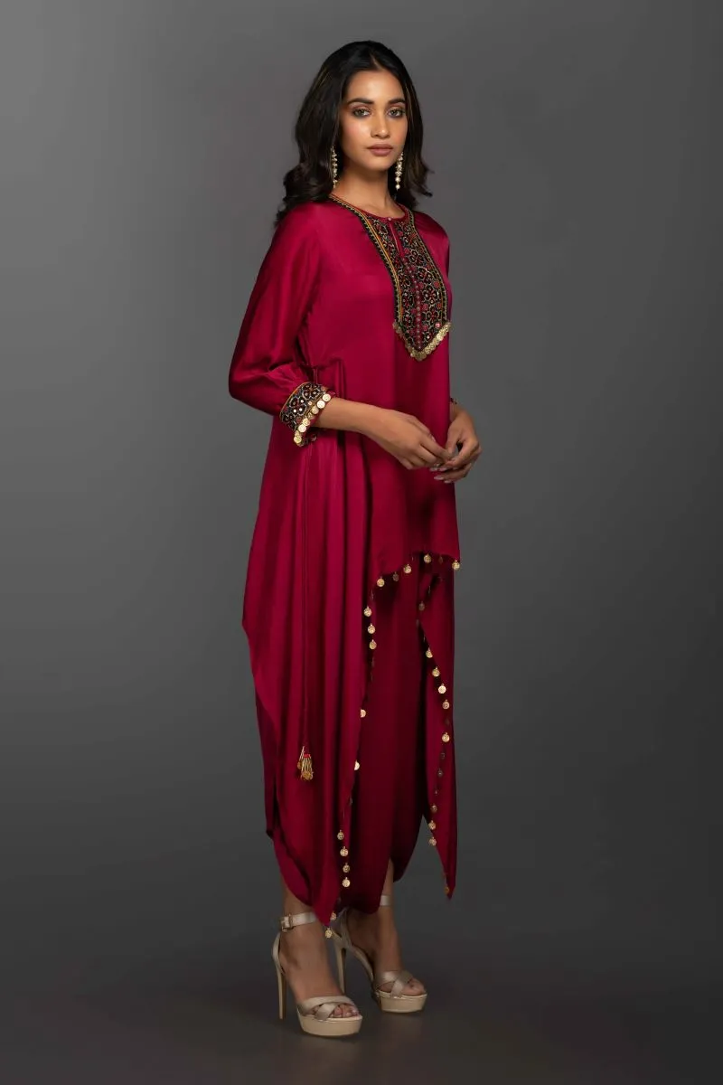 Prahnaaya royal majenta asymmetric tunic with dhoti skirt