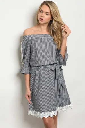 PRE-ORDER || Striped Embroidered Hem Dress | Black