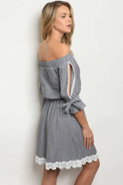 PRE-ORDER || Striped Embroidered Hem Dress | Black