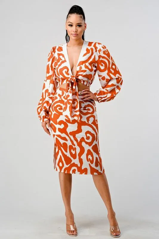 PRINTED 2 PCS SKIRT WITH WRAP CROP TOP
