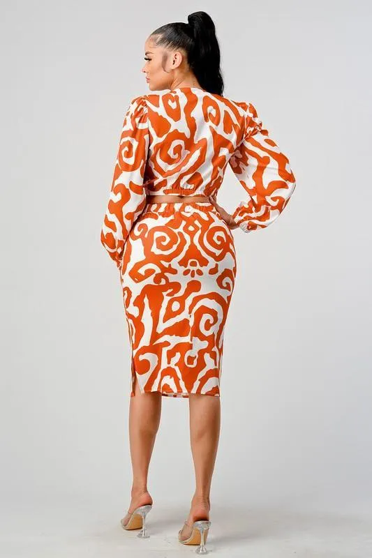 PRINTED 2 PCS SKIRT WITH WRAP CROP TOP