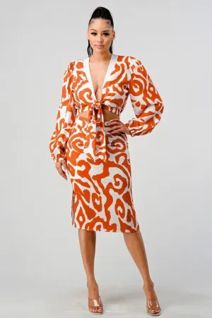 PRINTED 2 PCS SKIRT WITH WRAP CROP TOP