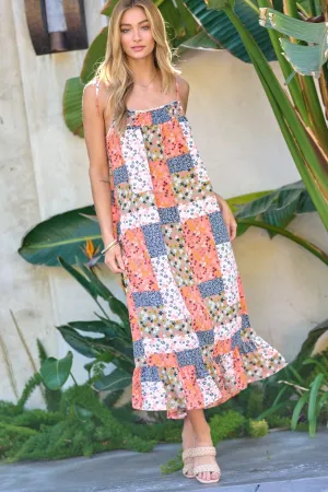 PRINTED SMOCKED RUFFLE MAXI DRESS
