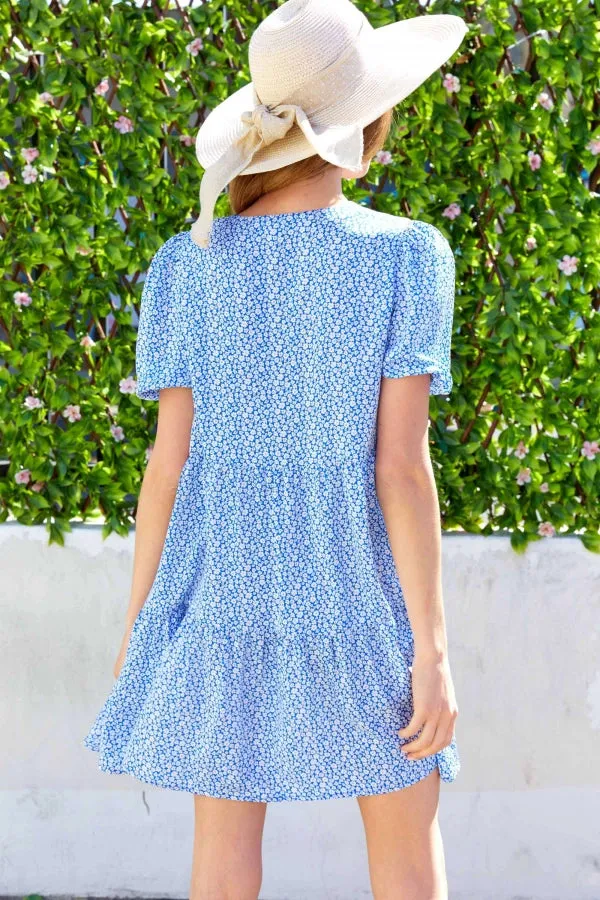 PRINTED V NECK MINI LOOSE FLARE DRESS