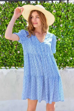 PRINTED V NECK MINI LOOSE FLARE DRESS