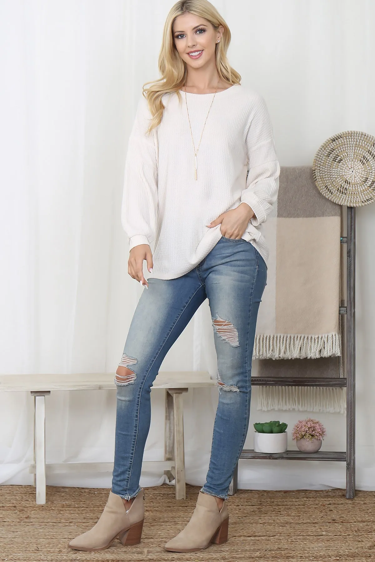 Puff Sleeve Boatneck Waffle Tunic