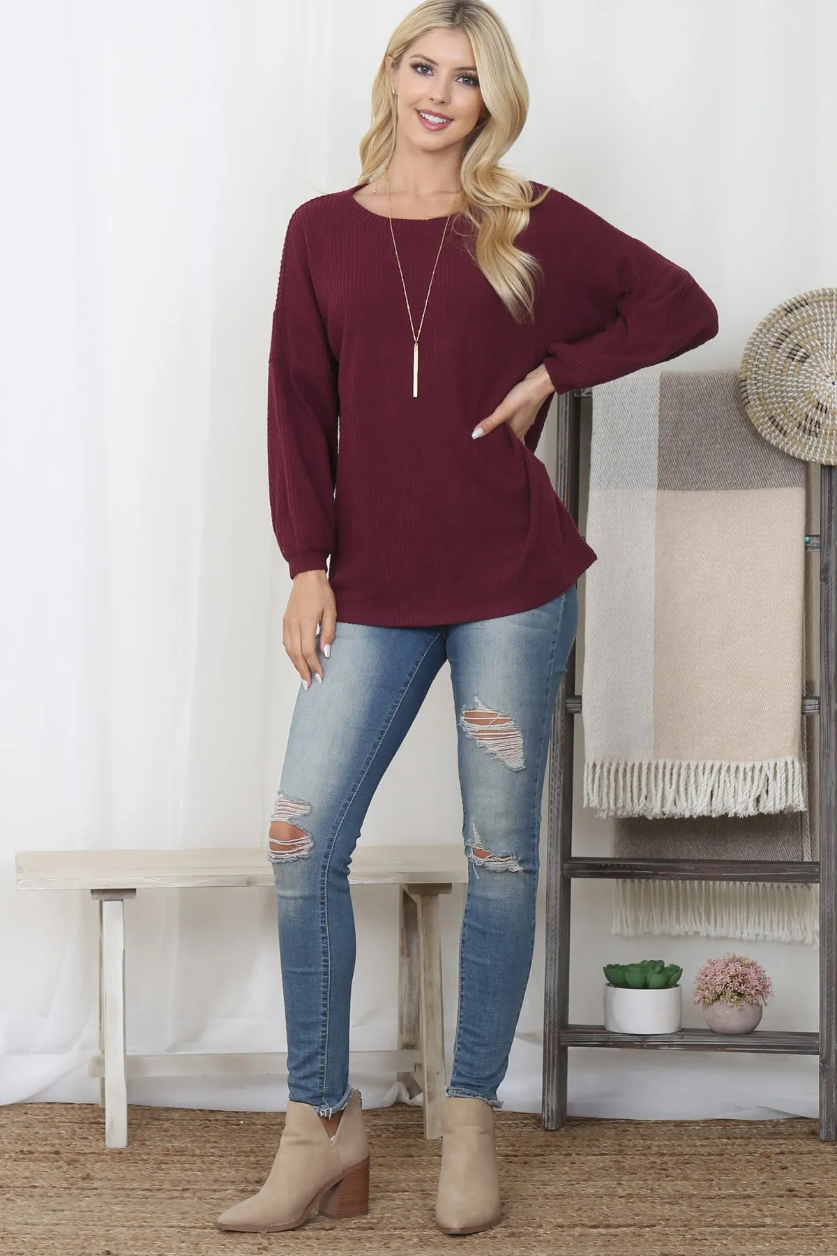 Puff Sleeve Boatneck Waffle Tunic