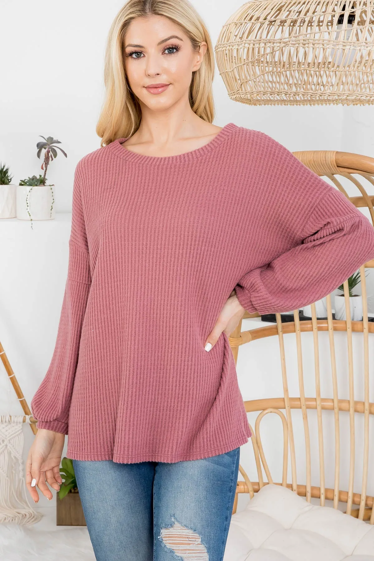 Puff Sleeve Boatneck Waffle Tunic