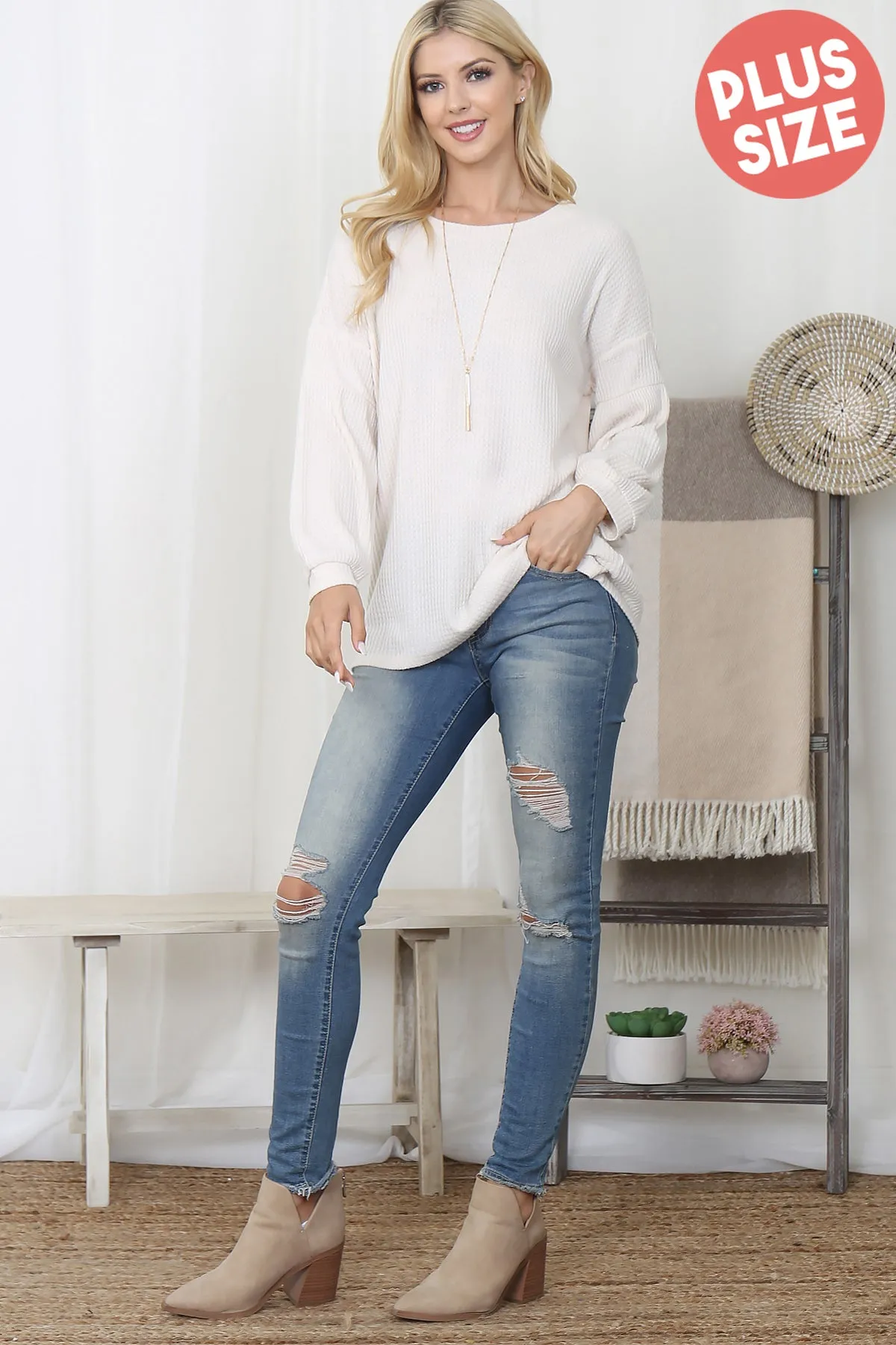 Puff Sleeve Boatneck Waffle Tunic