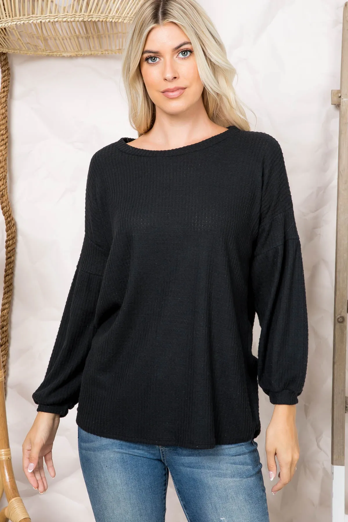 Puff Sleeve Boatneck Waffle Tunic