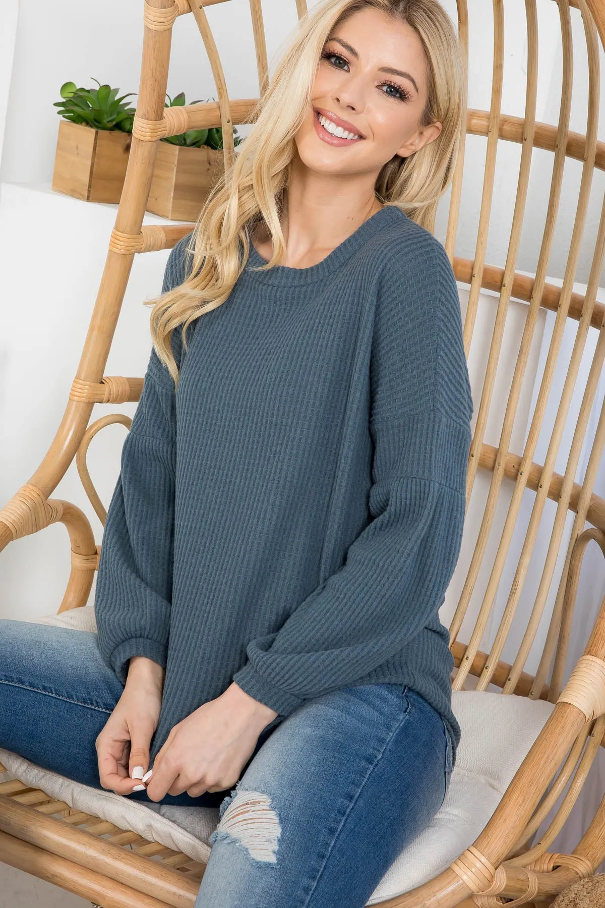 Puff Sleeve Boatneck Waffle Tunic