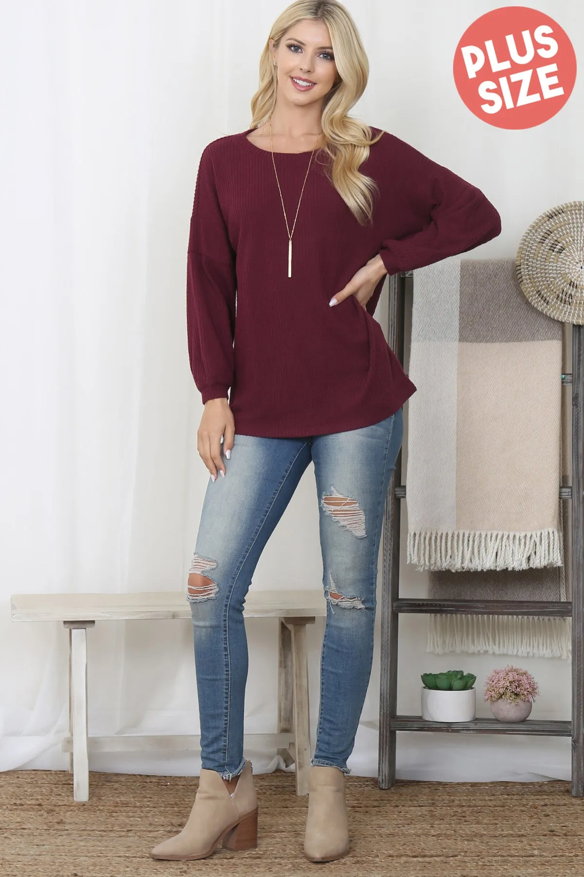 Puff Sleeve Boatneck Waffle Tunic