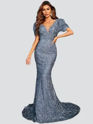 Puff Sleeve Floor Length Sequin Prom Dress XJ901