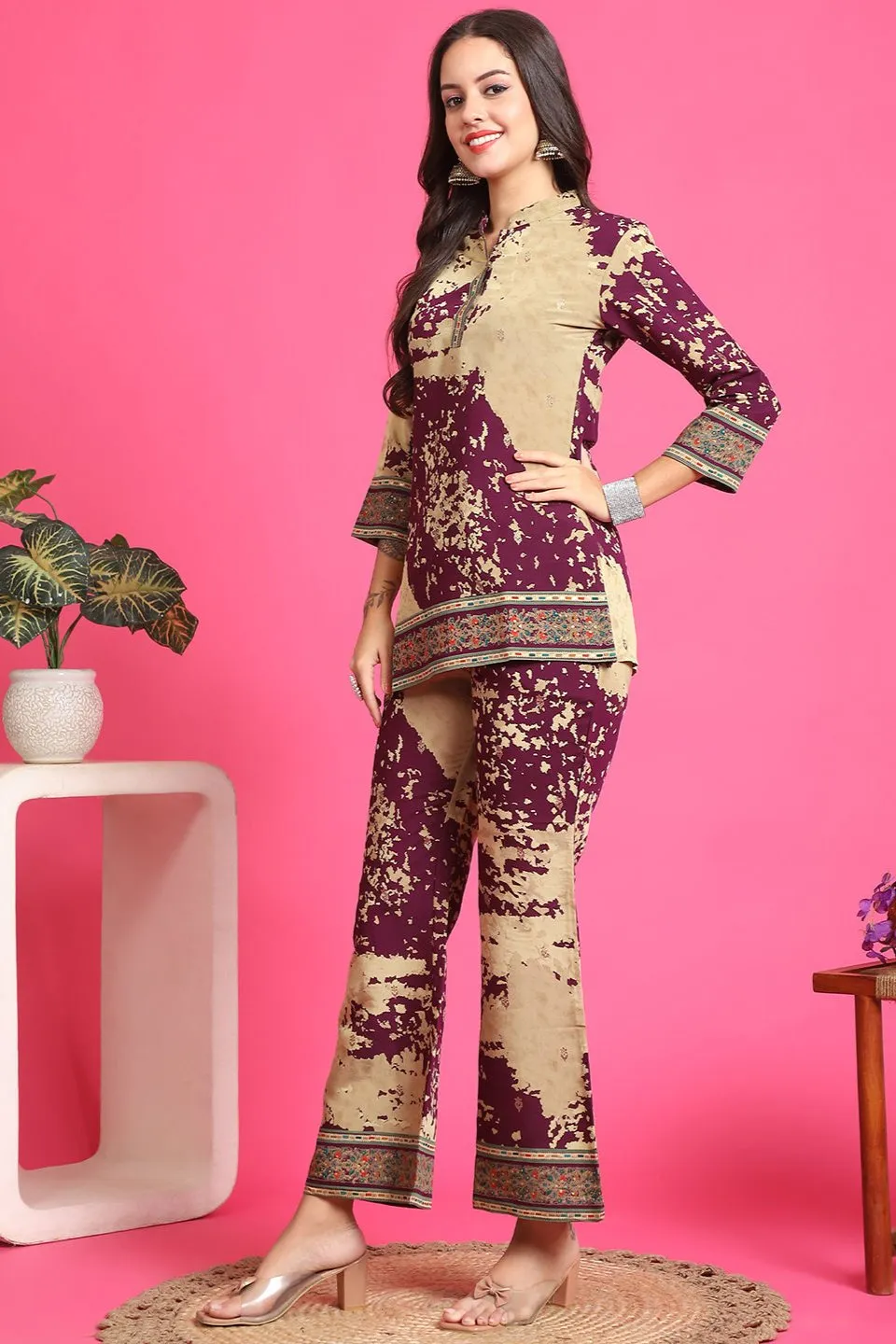 Purple Abstract Printed Premium Chanderi Co-Ord Set for Women | S-3XL | Claura
