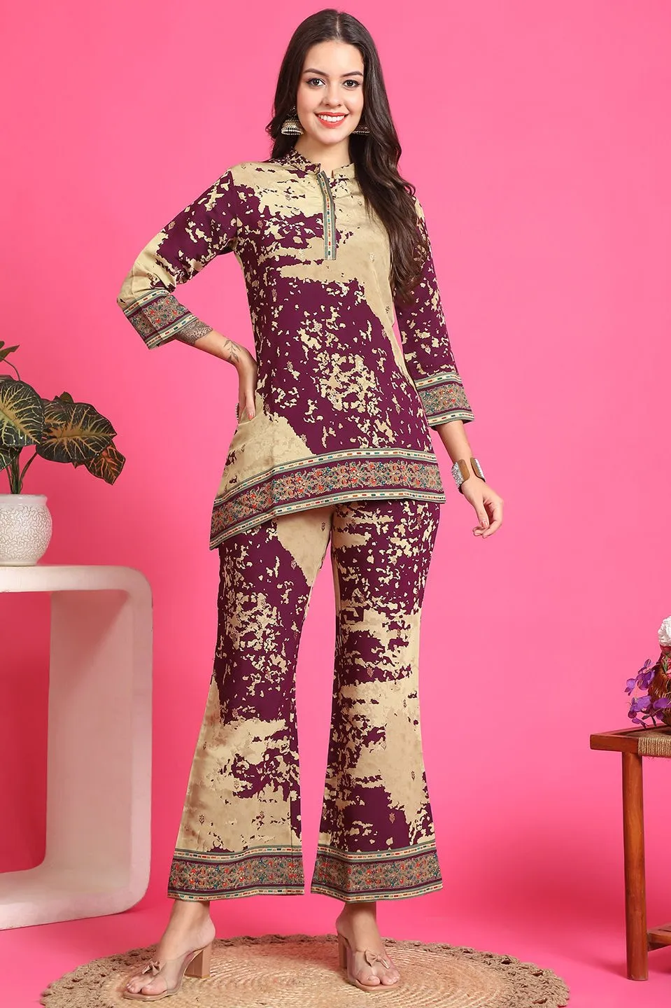 Purple Abstract Printed Premium Chanderi Co-Ord Set for Women | S-3XL | Claura