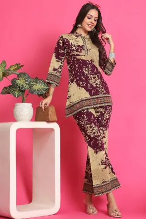 Purple Abstract Printed Premium Chanderi Co-Ord Set for Women | S-3XL | Claura