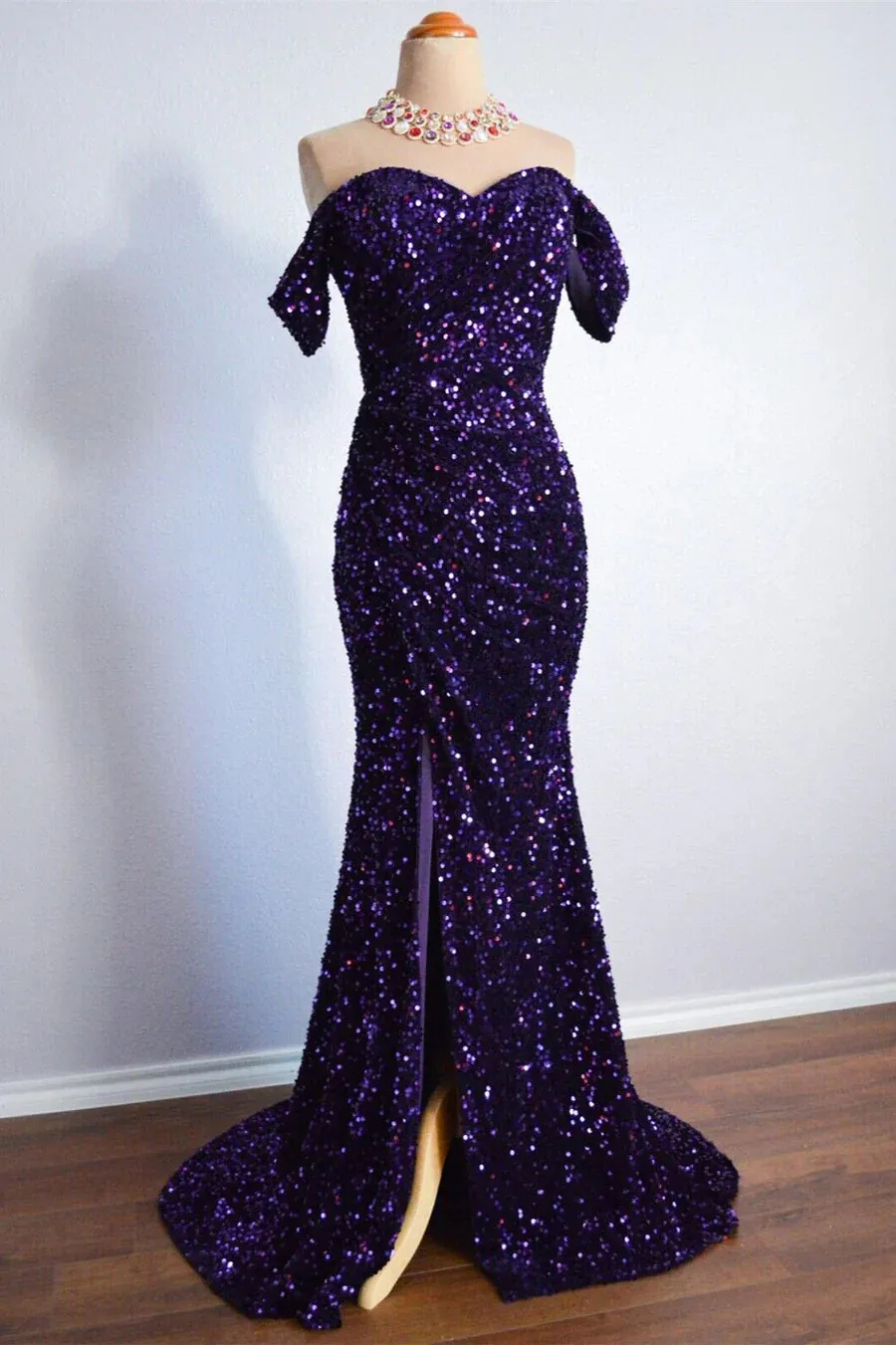Purple Sparkly Long Formal Dress Mermaid Off-Shoulder Slit