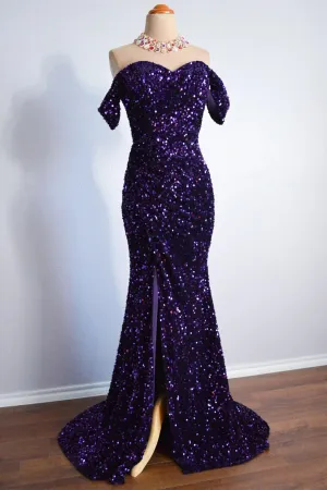 Purple Sparkly Long Formal Dress Mermaid Off-Shoulder Slit