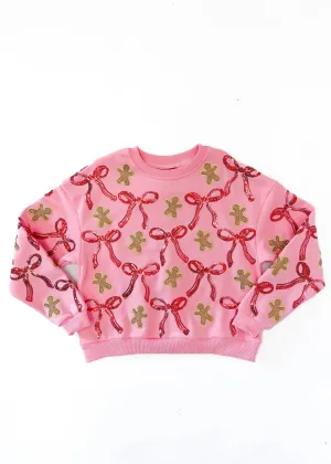 Queen of Sparkles Kids Light Pink Gingerbread Men & Bows Sweatshirt - Light Pink