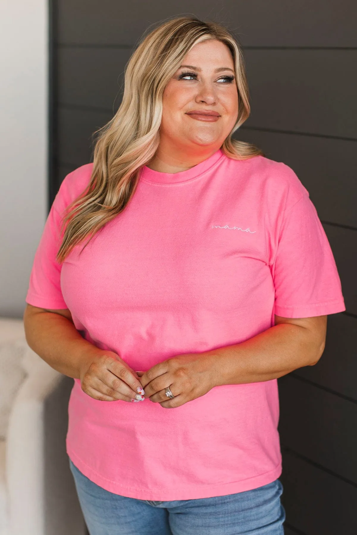 "Mama" Embroidered Tee- Neon Pink