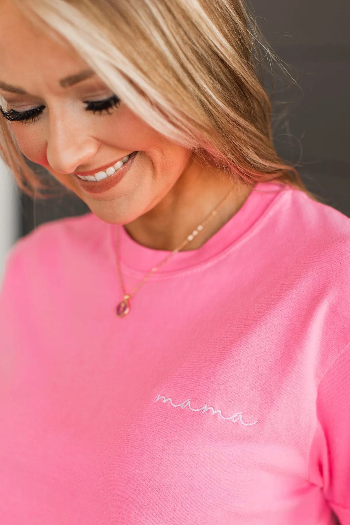 "Mama" Embroidered Tee- Neon Pink