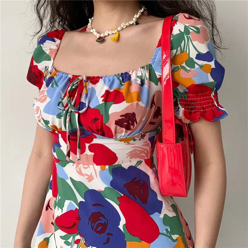 "SQUARE COLLAR PRINTED PUFF SLEEVE" DRESS UB2393